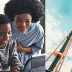 collage of images. boy playing with a robot in class, seattle space needle, teacher helping two students at their desk, graduate smiling a hugging a family member